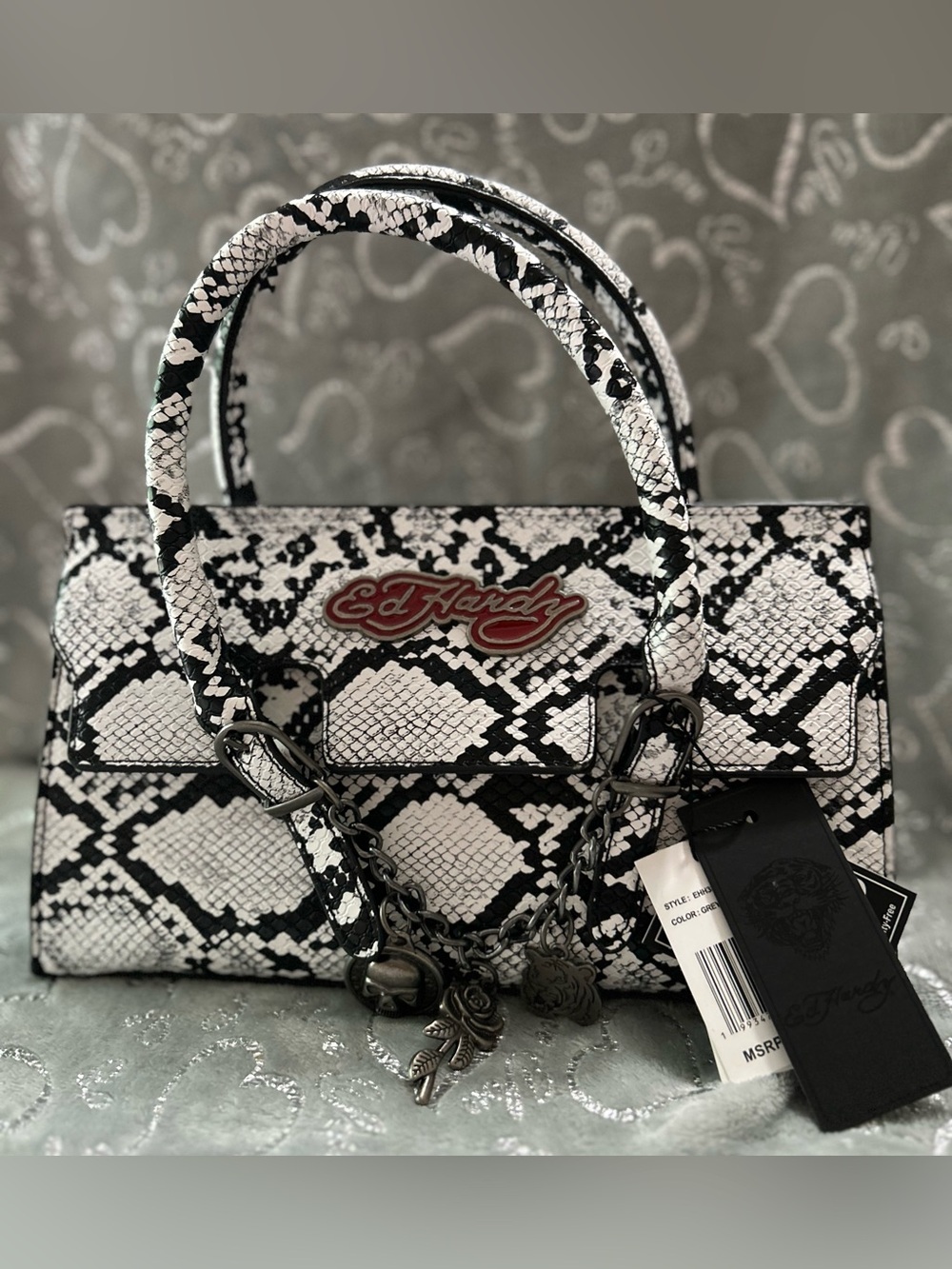 NWT Ed Hardy, Small, Black & White, Snake-Print Satchel with Charm Chain